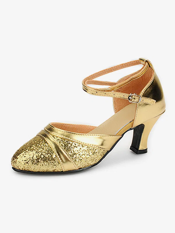 Women's Closed Toe Sparkling Glitter Buckle Kitten Heel Dance Shoes #Favs03031244