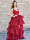 A-line Square Neckline Satin Tulle Sweep Train Tiered Prom Dresses #Favs020107255