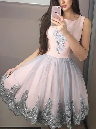 A-line Scoop Neck Organza Short/Mini Appliques Lace Short Prom Dresses #Favs020107258