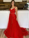 A-line V-neck Tulle Sweep Train Beading Prom Dresses #Favs020107261