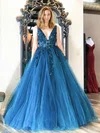 Ball Gown V-neck Tulle Sweep Train Appliques Lace Prom Dresses #Favs020107262