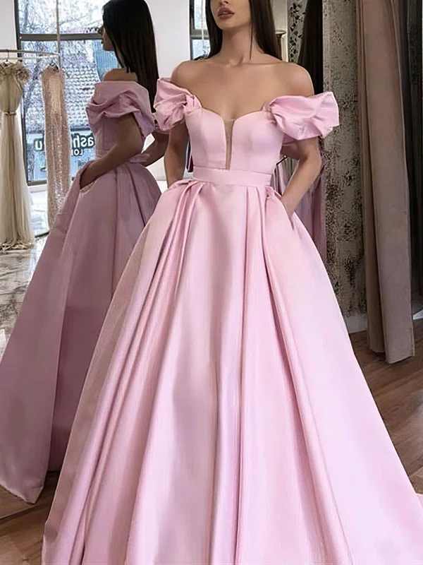 Ball Gown Off-the-shoulder Silk-like Satin Sweep Train Pockets Prom Dresses #Favs020107264