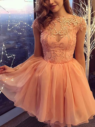 A-line Scoop Neck Chiffon Short/Mini Appliques Lace Short Prom Dresses #Favs020107271 A-line Scoop Neck Chiffon Short/Mini Appliques Lace Short Prom Dresses #Favs020107271