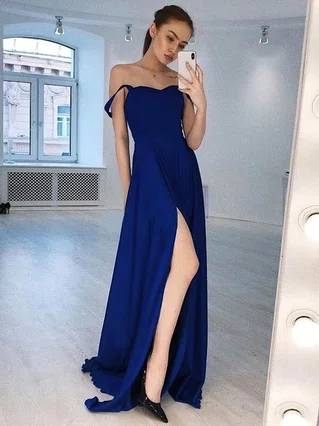 A-line Off-the-shoulder Silk-like Satin Sweep Train Split Front Prom Dresses #Favs020107275 A-line Off-the-shoulder Silk-like Satin Sweep Train Split Front Prom Dresses #Favs020107275