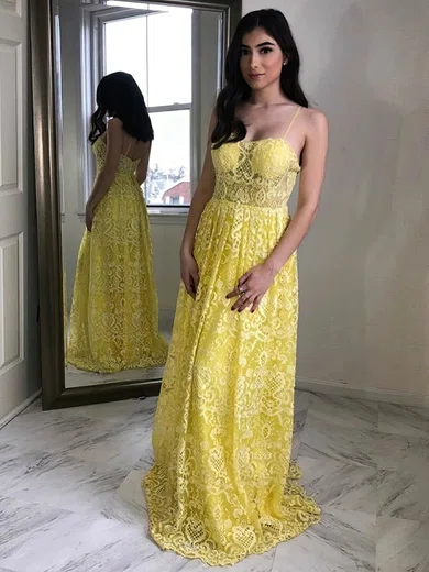 A-line Square Neckline Lace Sweep Train Prom Dresses #Favs020107277