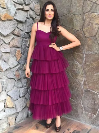 A-line V-neck Glitter Floor-length Tiered Prom Dresses #Favs020107279