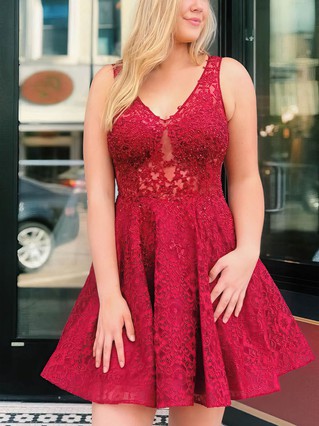 A-line V-neck Lace Short/Mini Beading Short Prom Dresses #Favs020107283 A-line V-neck Lace Short/Mini Beading Short Prom Dresses #Favs020107283