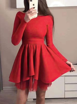 A-line Scoop Neck Satin Tulle Short/Mini Short Prom Dresses #Favs020107286