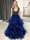 A-line Scoop Neck Organza Sweep Train Appliques Lace Prom Dresses #Favs020107287