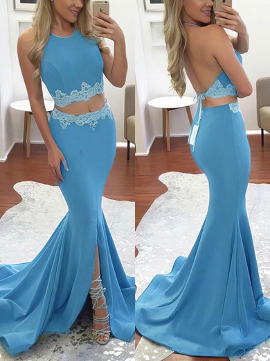 Trumpet/Mermaid Halter Jersey Sweep Train Appliques Lace Prom Dresses #Favs020102607