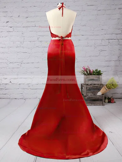 Trumpet/Mermaid Halter Jersey Sweep Train Appliques Lace Prom Dresses #Favs020102607