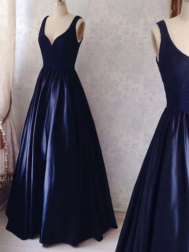 Ball Gown V-neck Satin Floor-length Lace Prom Dresses #Favs020104364