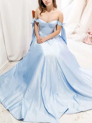 A-line Off-the-shoulder Satin Sweep Train Bow Prom Dresses #Favs020107293