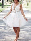 A-line V-neck Tulle Short/Mini Appliques Lace Short Prom Dresses #Favs020107296