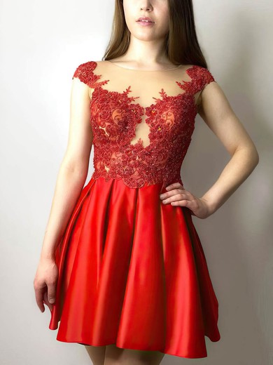 A-line Scoop Neck Satin Short/Mini Appliques Lace Short Prom Dresses #Favs020107300