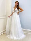 A-line V-neck Tulle Sweep Train Beading Prom Dresses #Favs020107301