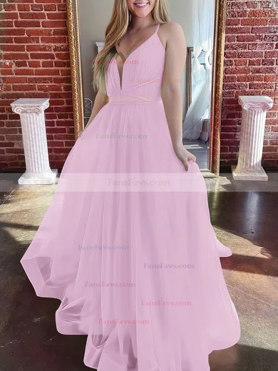 A-line V-neck Tulle Sweep Train Prom Dresses #Favs020107304