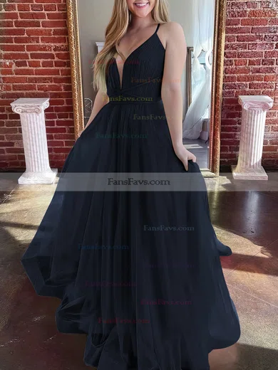 A-line V-neck Tulle Sweep Train Prom Dresses #Favs020107304