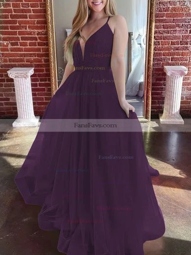 A-line V-neck Tulle Sweep Train Prom Dresses #Favs020107304