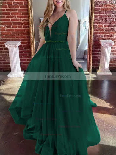 A-line V-neck Tulle Sweep Train Prom Dresses #Favs020107304