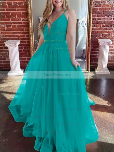 A-line V-neck Tulle Sweep Train Prom Dresses #Favs020107304