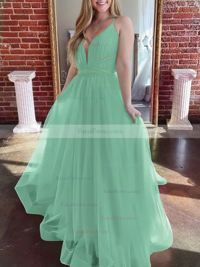 A-line V-neck Tulle Sweep Train Prom Dresses #Favs020107304