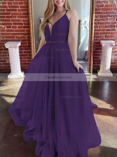 A-line V-neck Tulle Sweep Train Prom Dresses #Favs020107304