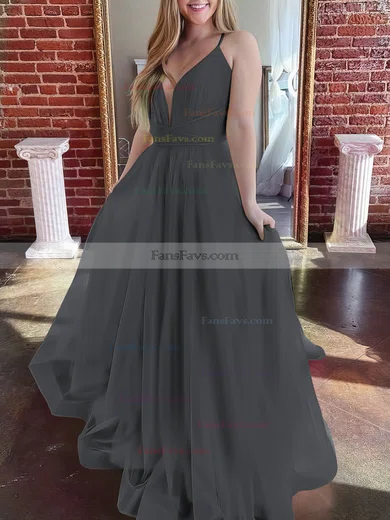 A-line V-neck Tulle Sweep Train Prom Dresses #Favs020107304