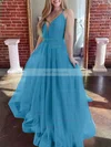 A-line V-neck Tulle Sweep Train Prom Dresses #Favs020107304