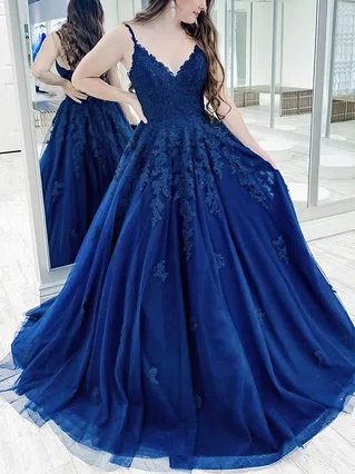 Ball Gown V-neck Tulle Sweep Train Appliques Lace Prom Dresses #Favs020107310 Ball Gown V-neck Tulle Sweep Train Appliques Lace Prom Dresses #Favs020107310