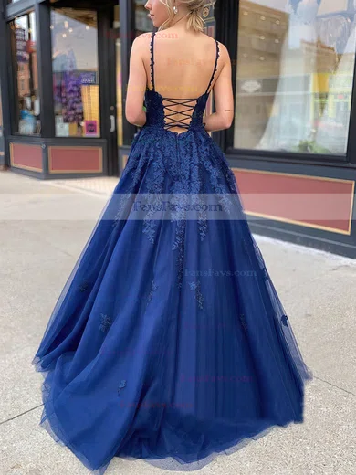 Ball Gown V-neck Tulle Sweep Train Appliques Lace Prom Dresses #Favs020107310