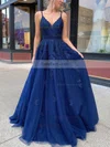Ball Gown V-neck Tulle Sweep Train Appliques Lace Prom Dresses #Favs020107310