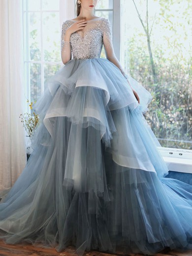Ball Gown Scoop Neck Tulle Sweep Train Beading Prom Dresses #Favs020107322