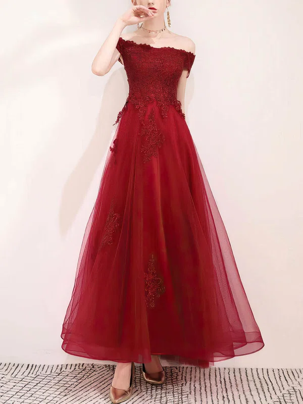 A-line Off-the-shoulder Tulle Floor-length Appliques Lace Prom Dresses #Favs020107325
