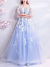 A-line Scoop Neck Tulle Sweep Train Beading Prom Dresses #Favs020107326