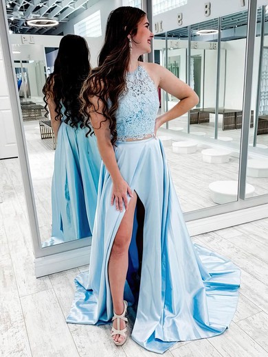 A-line Scoop Neck Lace Silk-like Satin Sweep Train Split Front Prom Dresses #Favs020107329