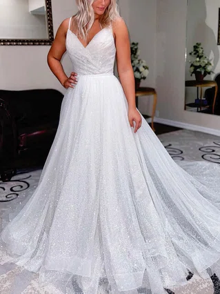 A-line V-neck Glitter Sweep Train Beading Prom Dresses #Favs020107334