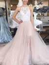 A-line Scoop Neck Tulle Sweep Train Appliques Lace Prom Dresses #Favs020107335