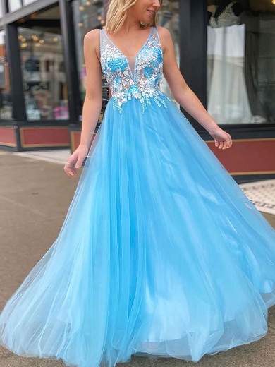 A-line V-neck Tulle Sweep Train Appliques Lace Prom Dresses #Favs020107345