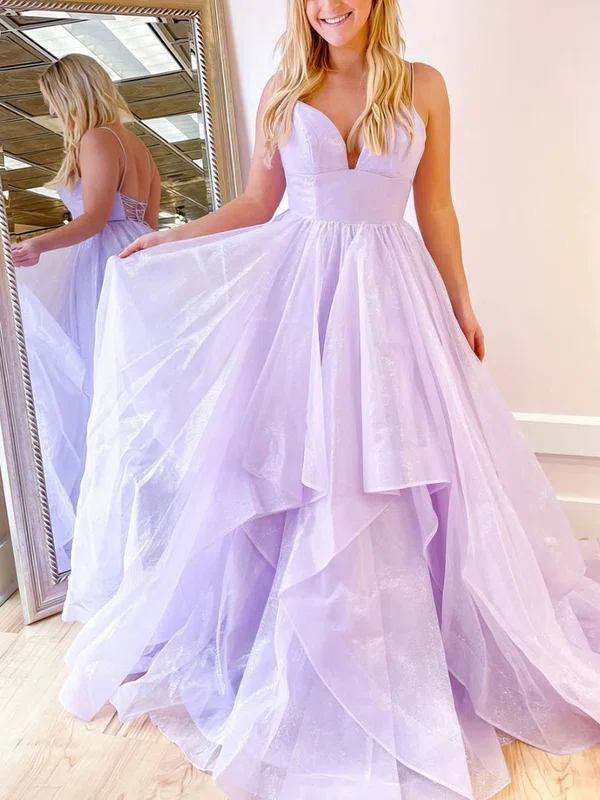 A-line Sweetheart Glitter Sweep Train Cascading Ruffles Prom Dresses #Favs020107348