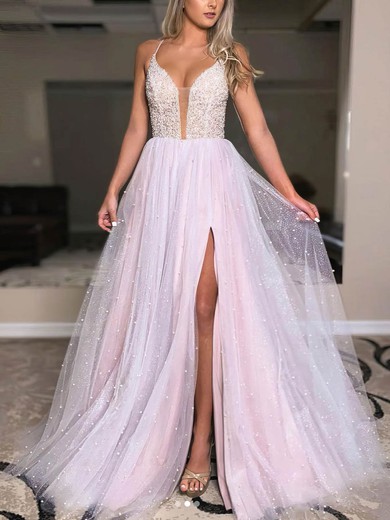 A-line V-neck Glitter Sweep Train Beading Prom Dresses #Favs020107351