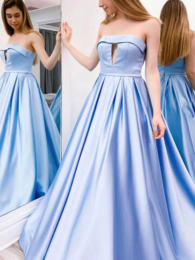 A-line Strapless Satin Sweep Train Prom Dresses #Favs020107352