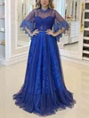 A-line Scoop Neck Lace Tulle Sweep Train Prom Dresses #Favs020107353