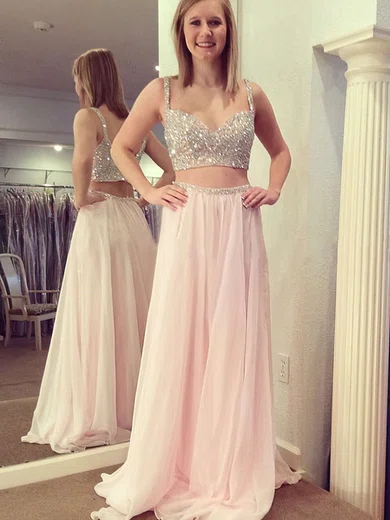 A-line V-neck Chiffon Floor-length Beading Prom Dresses #Favs020104413