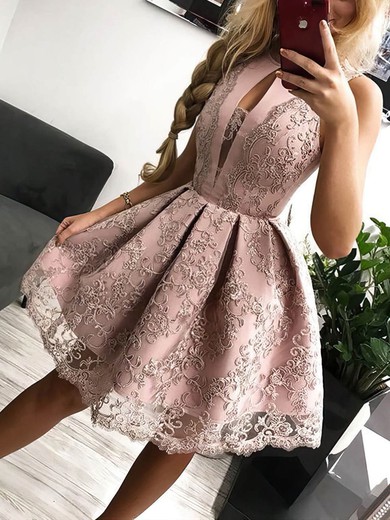 A-line Scoop Neck Tulle Short/Mini Appliques Lace Prom Dresses #Favs020107357