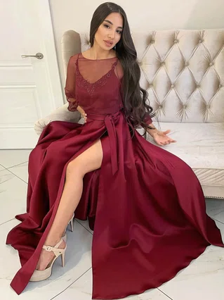 A-line Scoop Neck Silk-like Satin Sweep Train Appliques Lace Prom Dresses #Favs020107358 A-line Scoop Neck Silk-like Satin Sweep Train Appliques Lace Prom Dresses #Favs020107358