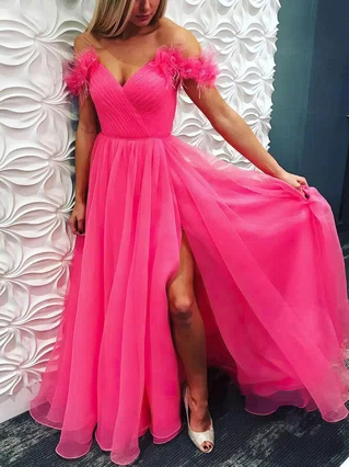 A-line Off-the-shoulder Tulle Sweep Train Split Front Prom Dresses #Favs020107360 A-line Off-the-shoulder Tulle Sweep Train Split Front Prom Dresses #Favs020107360