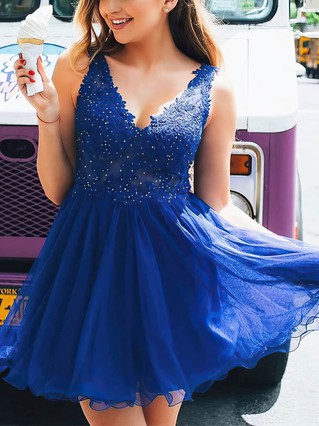 A-line V-neck Tulle Short/Mini Beading Short Prom Dresses #Favs020107361 A-line V-neck Tulle Short/Mini Beading Short Prom Dresses #Favs020107361