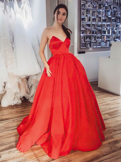 Ball Gown Strapless Satin Sweep Train Pockets Prom Dresses #Favs020107362