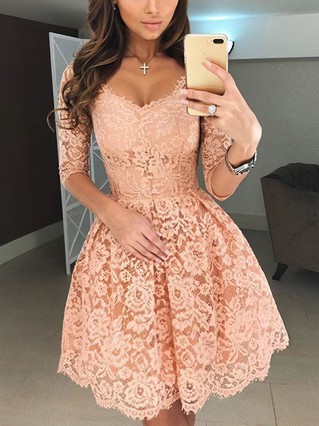 A-line V-neck Lace Short/Mini Short Prom Dresses #Favs020107365 A-line V-neck Lace Short/Mini Short Prom Dresses #Favs020107365